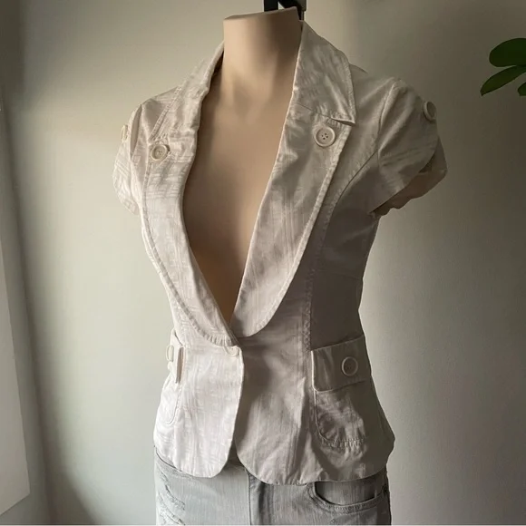 Y2K Vintage Costa Blanca Short Sleeve Blazer White 100% Cotton Size 6 Small - Picture 5 of 8
